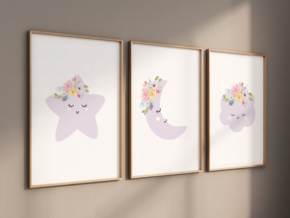 Purple nursery, Moon wall art, Moon nursery decor, flower nursery, nursery decor girl, lilac nursery, cloud print, girls room decor, floral