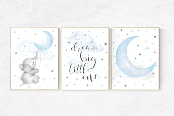 Elephant nursery, dream big little one, Blue and gray, Nursery decor boy, nursery decor, boys room decor, , clouds and stars, blue grey