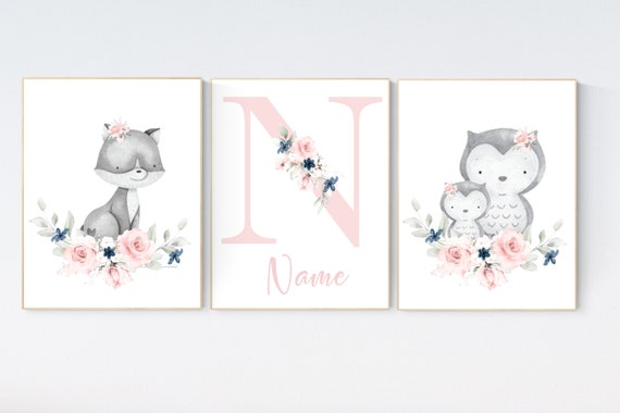 Nursery decor girl fox and owl, nursery decor girl flower, nursery decor girl floral, Boho baby room, pink nursery decor, flower baby room