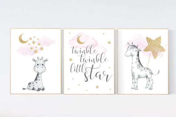 Nursery wall art girl, giraffe nursery, baby room decor girl gold and pink, twinkle twinkle little star, cloud and stars, girl nursery