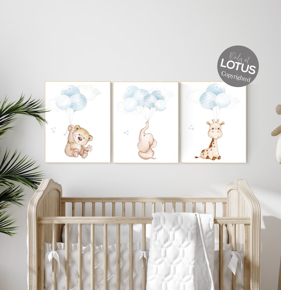 Nursery wall art animals, baby room decor blue gray, baby room decor bear, elephant, giraffe, animal nursery decor, nursery prints