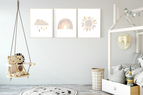 2 Cute Kawaii Rainbow Rain Cloud Prints Nursery Wall Art Decor Kids Room Picture 