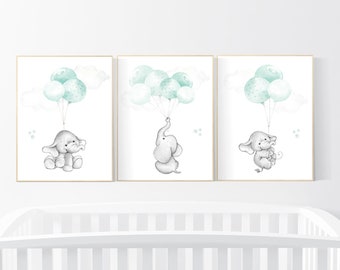 Mint Elephant Nursery Print: Gender Neutral Balloon Animal Art