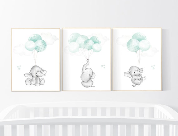 Mint nursery wall art, gender neutral, elephant nursery wall art, animal prints, elephant balloon print, mint green, twin nursery, balloons