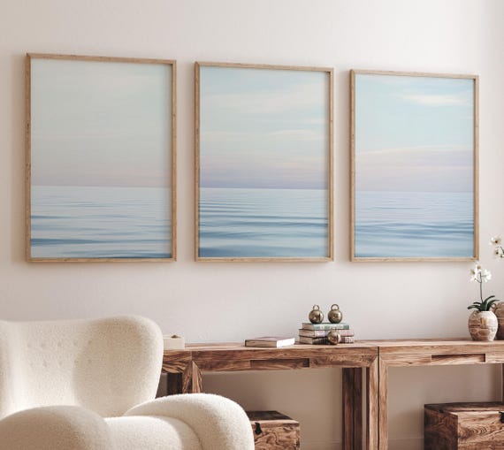 Minimalist Ocean Wall Art Set – Tranquil Sea Horizon Prints, Coastal Blue Seascape, Calm Beach Scene Poster, Modern Coastal Decor