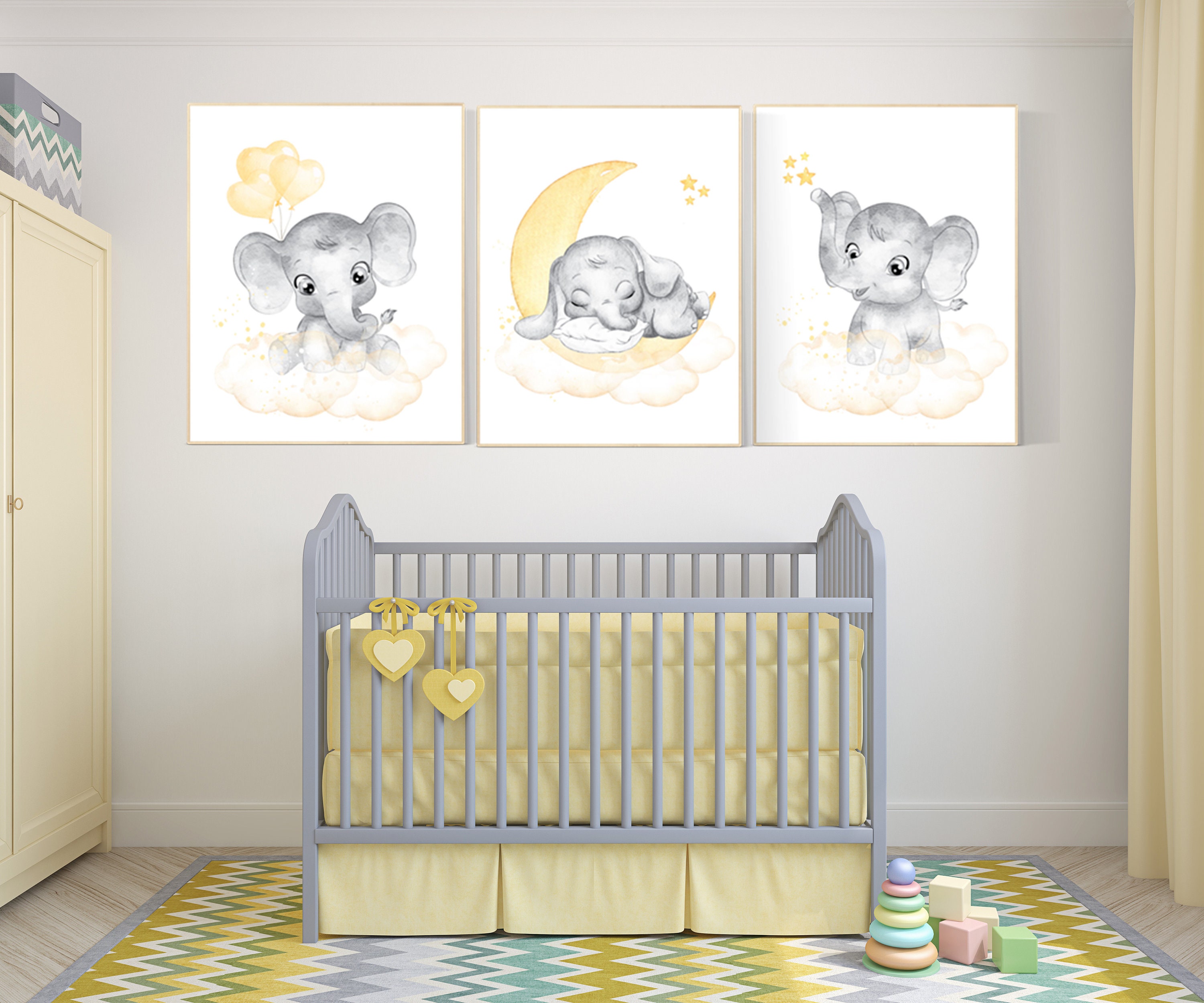 Nursery wall art neutral, nursery wall art elephant, moon and stars