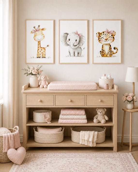 Safari Nursery Wall Art Set of 3, Girl Nursery Prints, Giraffe Elephant Leopard