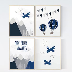 Impressões de arte para berçário com aviões de montanha: decoração de aventura em azul marinho