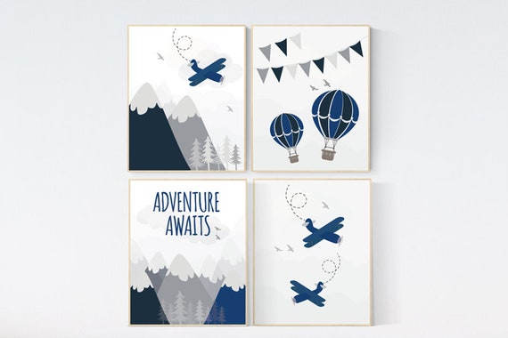 Mountain wall art nursery, nursery decor boy prints, adventure awaits, adventure nursery decor, navy blue nursery, plane nursery decor