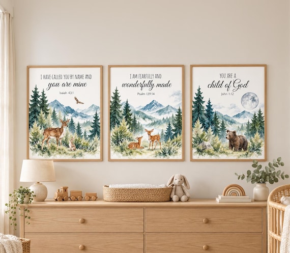 Christian Woodland Nursery Wall Art Set of 3, Bible Verse Prints, Sage Green Deer and Bear Decor