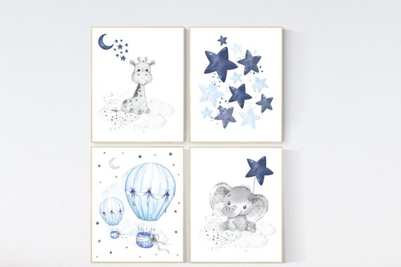 Nursery decor boy elephant, navy blue nursery decor, giraffe, hot air balloon, moon and stars, navy blue nursery, elephant nursery decor