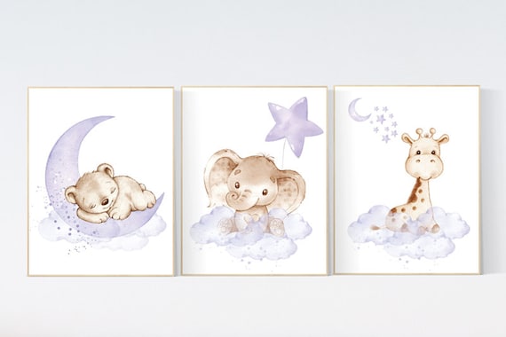 Purple nursery wall art, animal nursery, elephant, giraffe, bear, woodland animals, lilac nursery decor, lavender, girl nursery, moon stars
