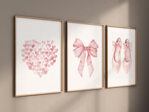 Blush Pink Ballet Nursery Wall Art Set, Heart, Bow & Ballet Shoes