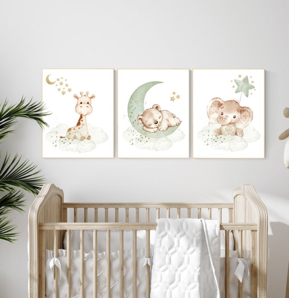 Nursery wall art animals, green nursery, gender neutral nursery, sage green and gold, bear nursery, elephant nursery, giraffe, animal prints