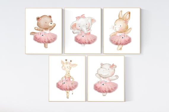 Ballerina animals, baby room decor girl, Elephant nursery, bunny nursery, bear nursery, nursery prints girl, ballet prints, ballet animals