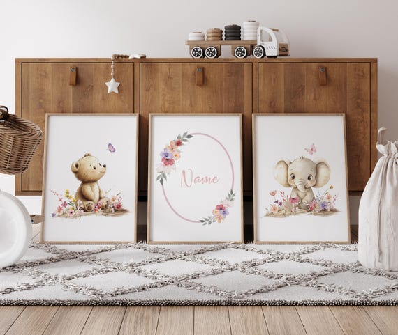 Personalized Nursery Wall Art Set with Bear & Elephant | Floral Baby Name Print | Neutral Pink Nursery Decor | Girl Room Prints