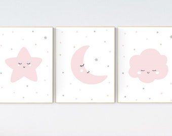 Pink and Grey Nursery Wall Art: Moon, Star, Cloud Print