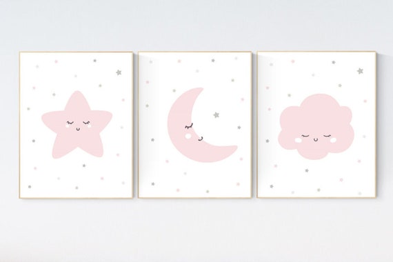 Nursery decor girl, nursery wall art pink and grey, moon star, cloud, nursery wall art girl, girl nursery print, nursery decor girl print