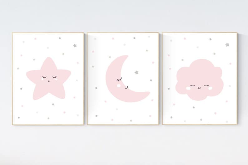 Nursery Decor Girl Nursery Wall Art Pink and Grey Moon Star Etsy