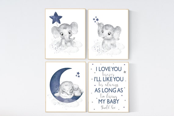 Nursery decor boy elephant, navy nursery decor, moon and stars, navy blue nursery art, elephant nursery, boy nursery wall decor
