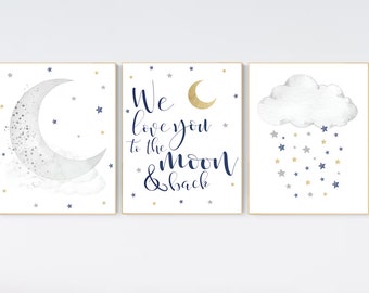 Nursery decor boy navy blue, Nursery wall art boy, navy nursery decor, moon and stars, we love you to the moon and back, nursery prints boy