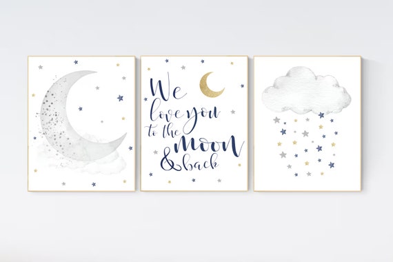 Nursery decor boy navy blue, Nursery wall art boy, navy nursery decor, moon and stars, we love you to the moon and back, nursery prints boy
