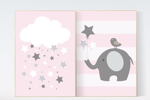 Elephant nursery, cloud nursery, baby girl nursery wall art, pink gray nursery decor, girls room, pink silver, baby room, baby gift ideas