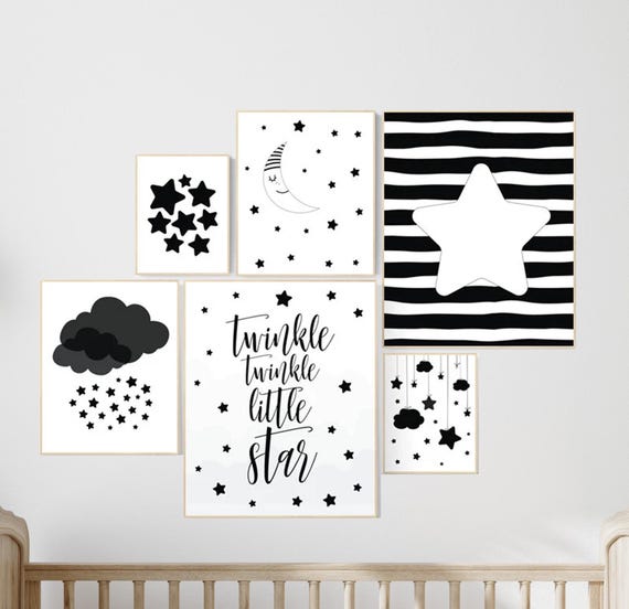Black and white nursery prints, baby room decor gender neutral, Nursery wall art black and white, cloud and stars, black white nursery art