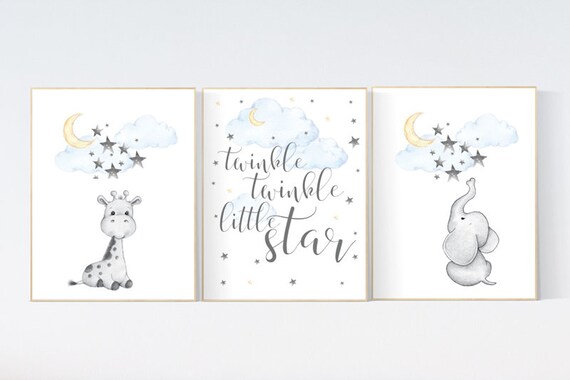 Nursery decor elephant, twinkle twinkle little star, nursery decor elephant, giraffe, Nursery decor neutral, moon and stars, gender neutral