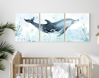 Whale Nursery Print Set: Watercolor Ocean Wall Art