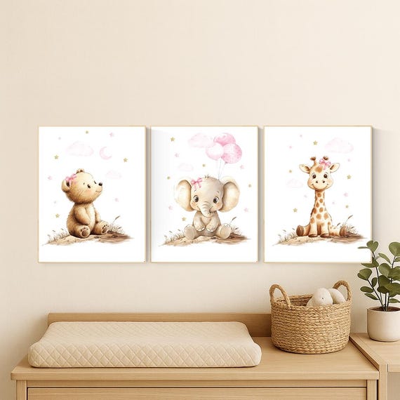 Girl Nursery Wall Art: Gold Pink Elephant, Bear, Giraffe Prints