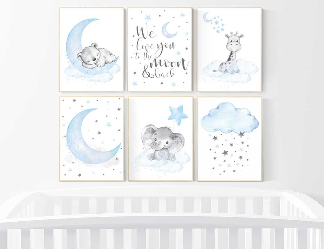 Blue Grey Animal Nursery Prints: Elephant, Giraffe, Bear