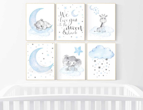 Blue grey nursery boy, Nursery decor boy elephant, giraffe, bear, Blue and grey, nursery wall art boy, Animal nursery prints, baby room