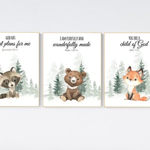 Woodland Nursery Print Set: Watercolor Animals, Bible Verse Art