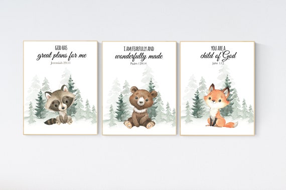 Nursery decor woodland, Woodland Nursery Wall Art, Woodland Print Set, animal prints, verse nursery, bible nursery, gender neutral nursery