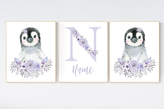 Penguin nursery, purple nursery art, baby room wall art, penguin nursery prints, lilac, lavender, floral nursery, flower nursery decor, girl