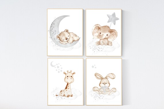 Nursery wall art animals, gray nursery, gender neutral nursery, neutral nursery, baby room decor, bear, elephant, giraffe, animal prints