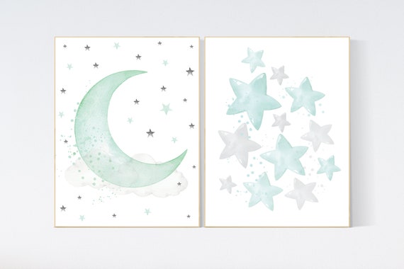 Mint nursery decor, nursery decor stars, gender neutral nursery, moon and stars nursery, mint green nursery, cloud nursery, star nursery art