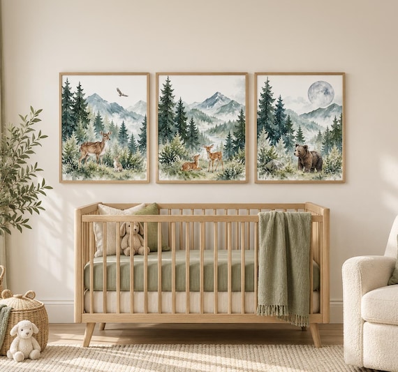 Woodland Nursery Wall Art Set of 3, Watercolor Deer and Bear Prints, Sage Green Forest and Mountain Baby Room Decor
