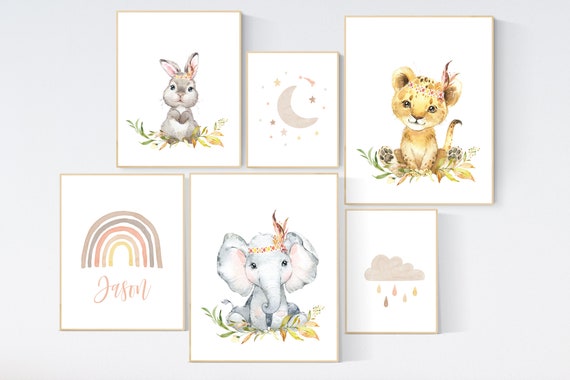 Nursery decor boho, nursery decor animals, gender neutral, earth colors, animal prints, rainbow nursery, nursery wall art neutral, stars