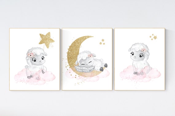 Nursery decor girl, Sheep nursery decor, nursery decor lambs, girl nursery wall art, nursery wall art sheep, moon and cloud, girls room