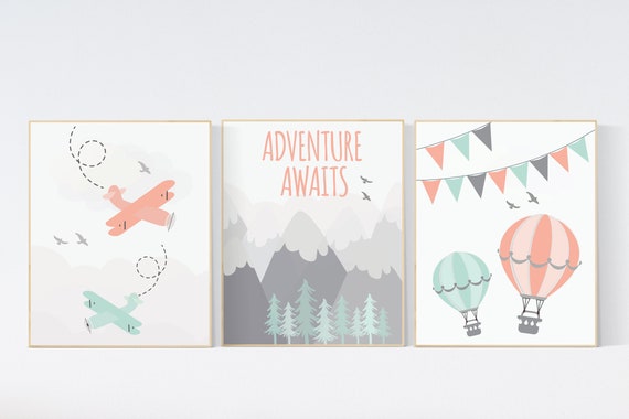 Adventure awaits nursery, Mountain nursery, coral teal, Adventure nursery, coral and teal, airplane, world map, hot air balloon, boy nursery