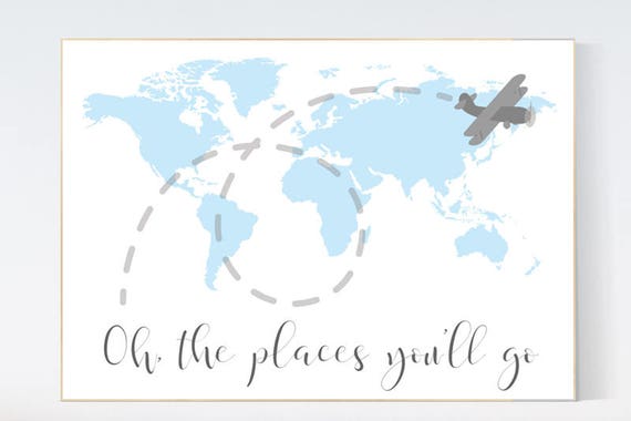 Nursery decor map, Oh the places you'll go, world map nursery, Blue nursery decor, world map wall art, baby boy nursery, nursery decor boy