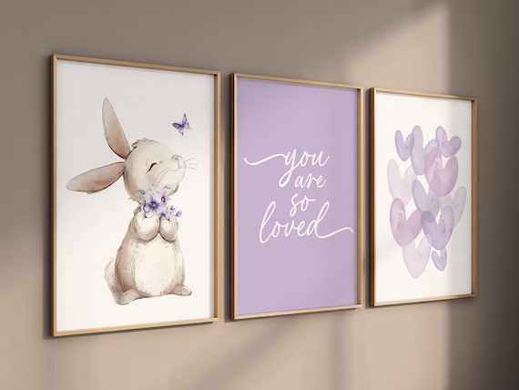 Bunny nursery, heart print, you are so loved, Girl bedroom art, name print, girls room decor, purple nursery, lilac nursery, girl nursery