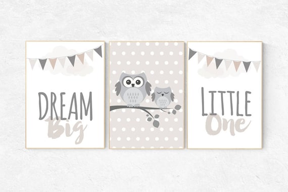 Owl nursery decor, Dream Big Little One, gender neutral nursery, beige and cream, Nursery Decor, Gray Beige gender neutral baby shower