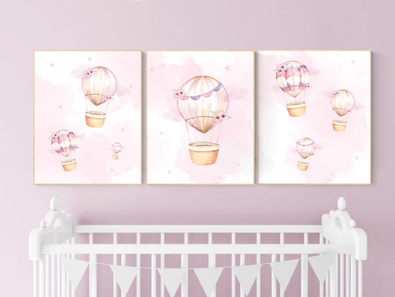 Hot air balloon nursery girls, Nursery decor girl, hot air balloon art for nursery, pink nursery prints, girls room wall decor, girl nursery