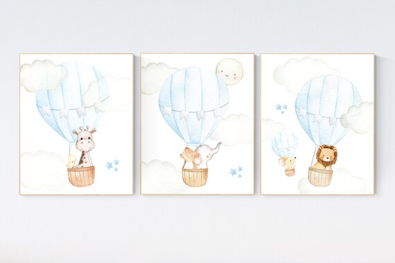 Nursery decor woodland animal, nursery decor boy, elephant, bear, giraffe, hot air balloon, nursery wall art animals, baby room art