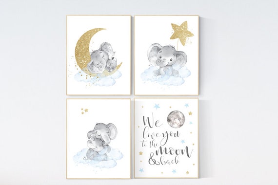 Nursery decor boy elephant, blue and gold nursery, we love you to the moon and back, blue nursery wall art, cloud and stars, boy nursery