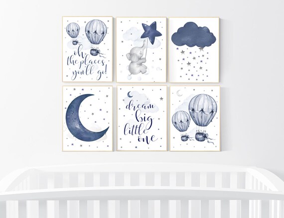 Nursery decor boy elephant, nursery wall art boy, moon and stars, navy blue, dream big little one, navy nursery set, hot air balloon