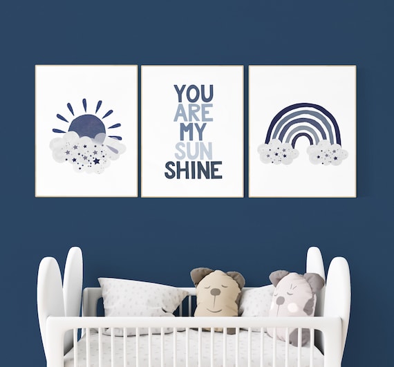 You are my sunshine, navy nursery wall art, rainbow nursery, nursery wall art boy, navy Blue, moon, stars, navy nursery, boy nursery decor